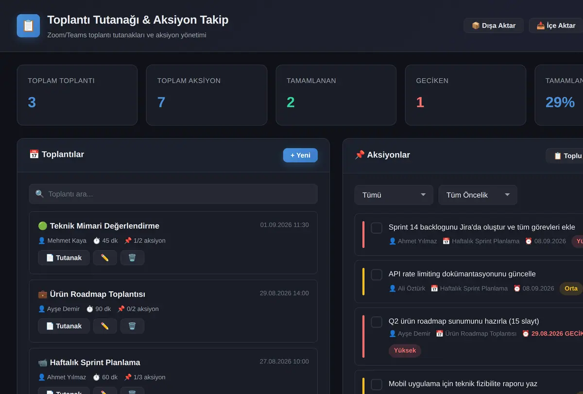 Toplantı Tutanağı ve Aksiyon Takip Aracı ekran görüntüsü
