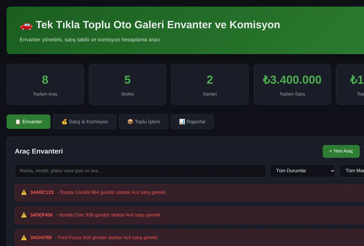 Tek Tıkla Toplu Oto Galeri Envanter ve Komisyon ekran görüntüsü