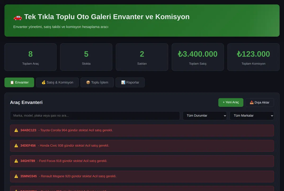 Tek Tıkla Toplu Oto Galeri Envanter ve Komisyon ekran görüntüsü 2