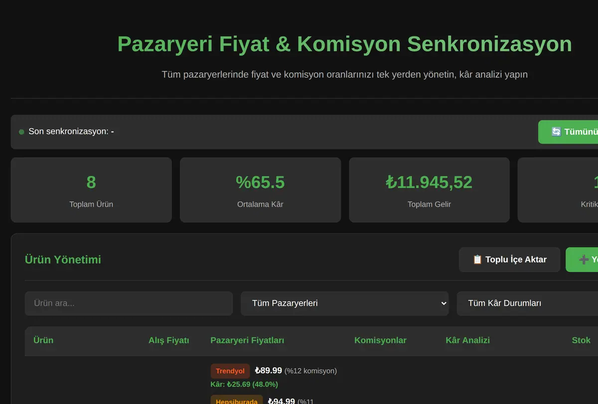 Pazaryeri Fiyat & Komisyon Senkronizasyon ve Kar Analizi ekran görüntüsü