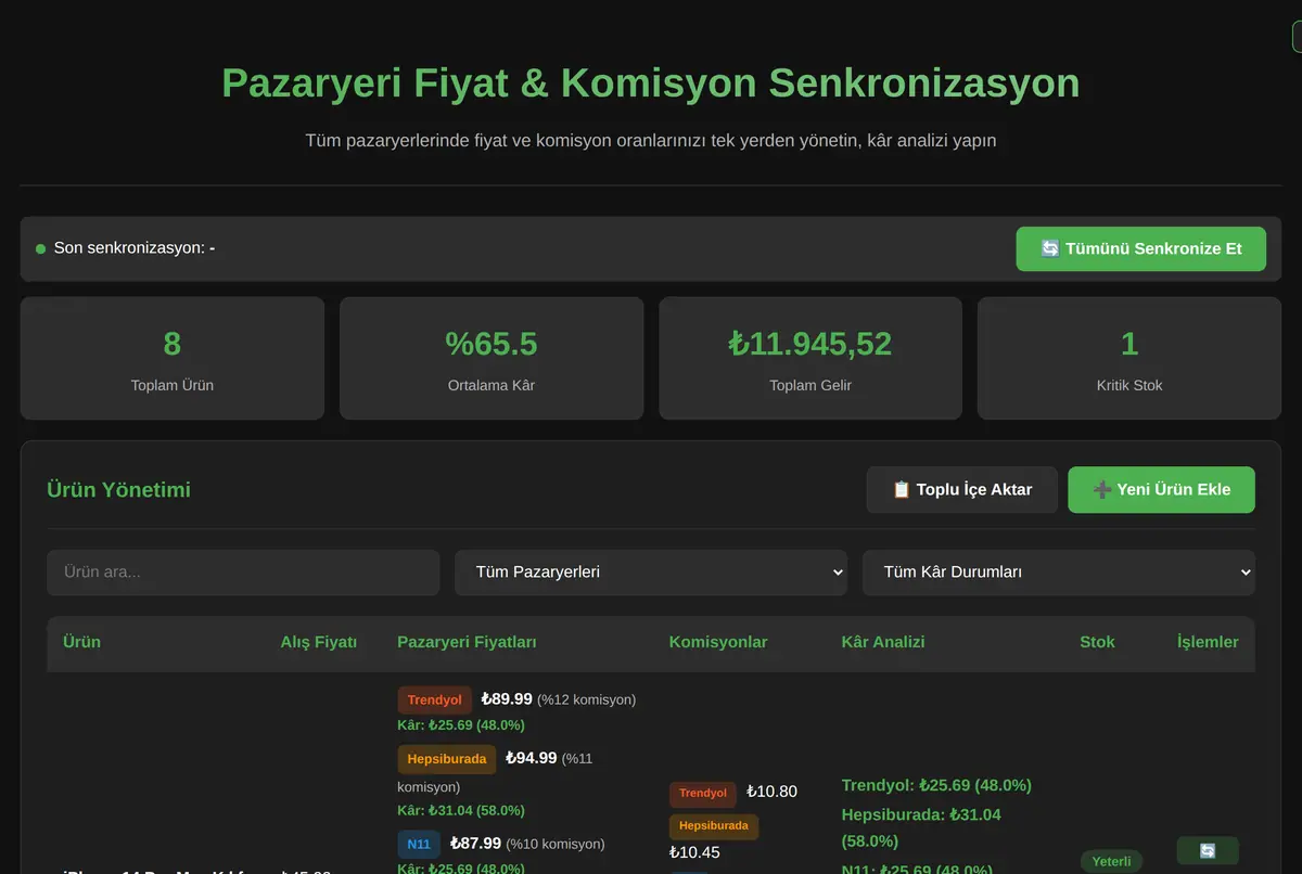 Pazaryeri Fiyat & Komisyon Senkronizasyon ve Kar Analizi ekran görüntüsü 2