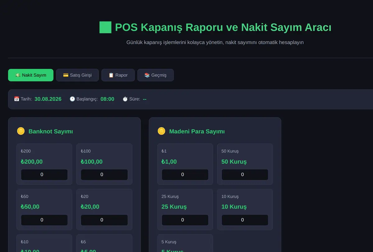POS Kapanış Raporu ve Nakit Sayım Aracı ekran görüntüsü