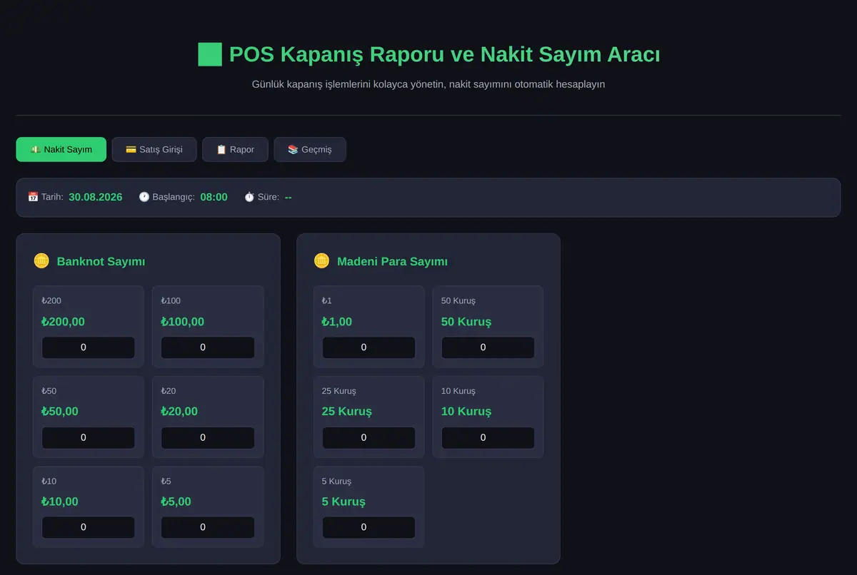 POS Kapanış Raporu ve Nakit Sayım Aracı ekran görüntüsü 2