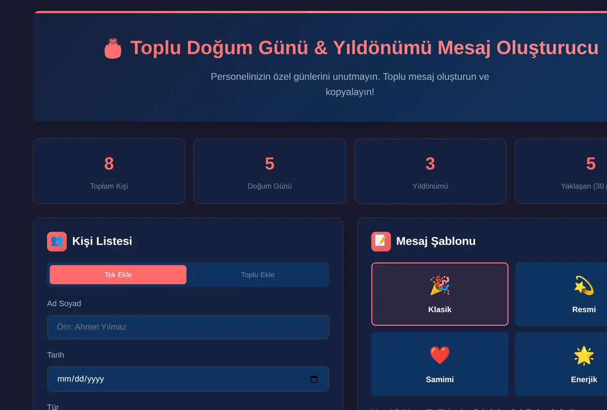 Toplu Doğum Günü & Yıldönümü Mesaj Oluşturucu ekran görüntüsü