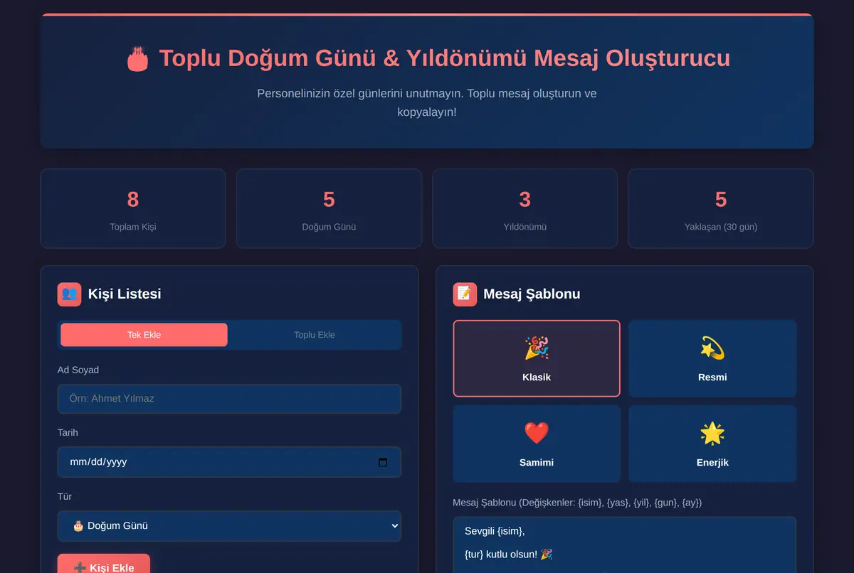 Toplu Doğum Günü & Yıldönümü Mesaj Oluşturucu ekran görüntüsü 2