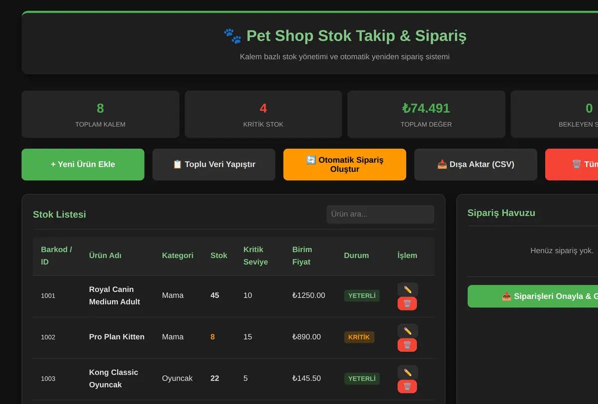 Pet Shop Stok Takip & Sipariş Aracı ekran görüntüsü