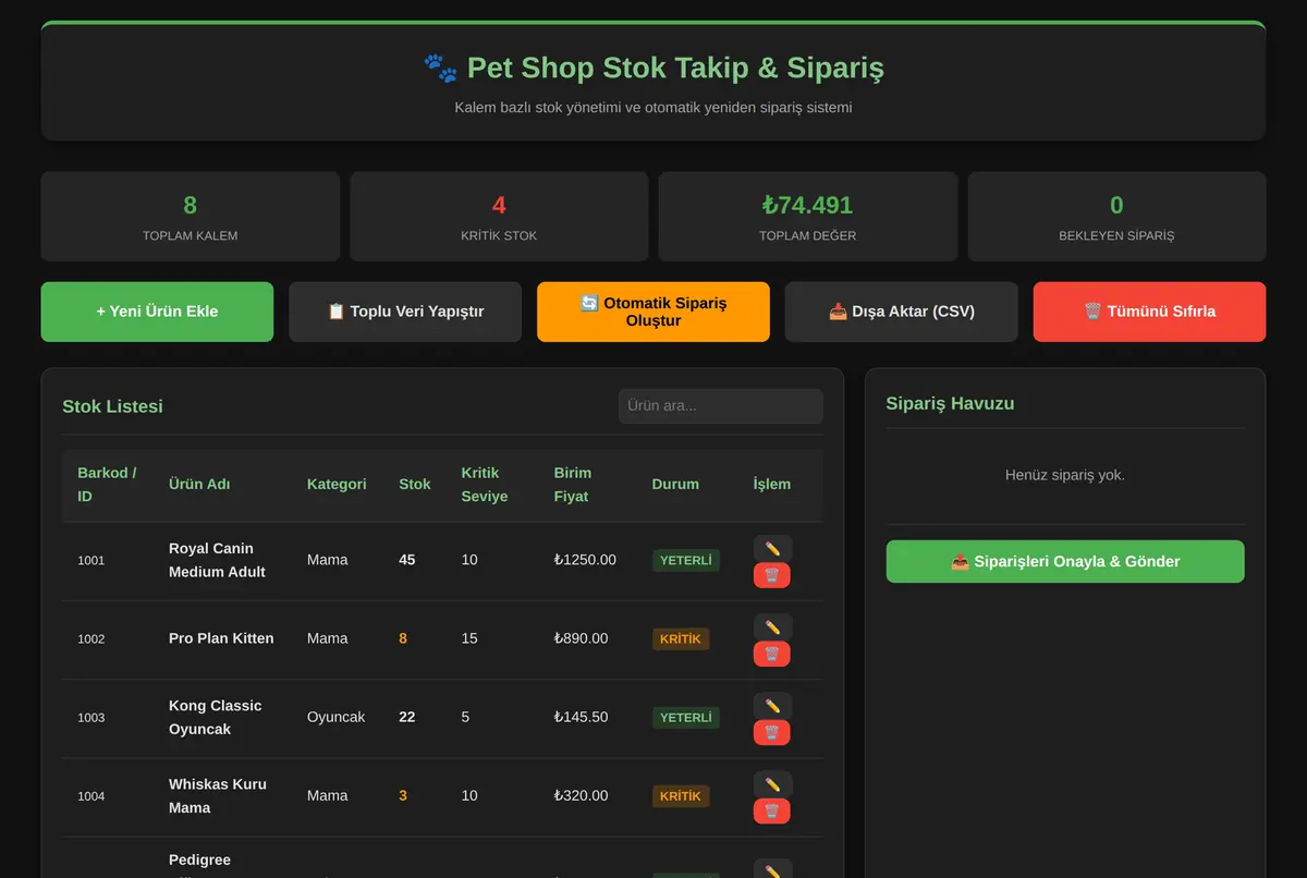 Pet Shop Stok Takip & Sipariş Aracı ekran görüntüsü 2