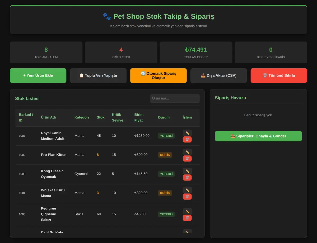 Pet Shop Stok Takip & Sipariş Aracı ekran görüntüsü 3