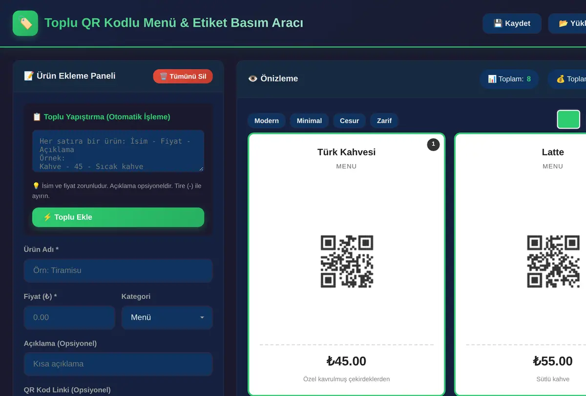 Toplu QR Kodlu Menü & Etiket Basım Aracı ekran görüntüsü
