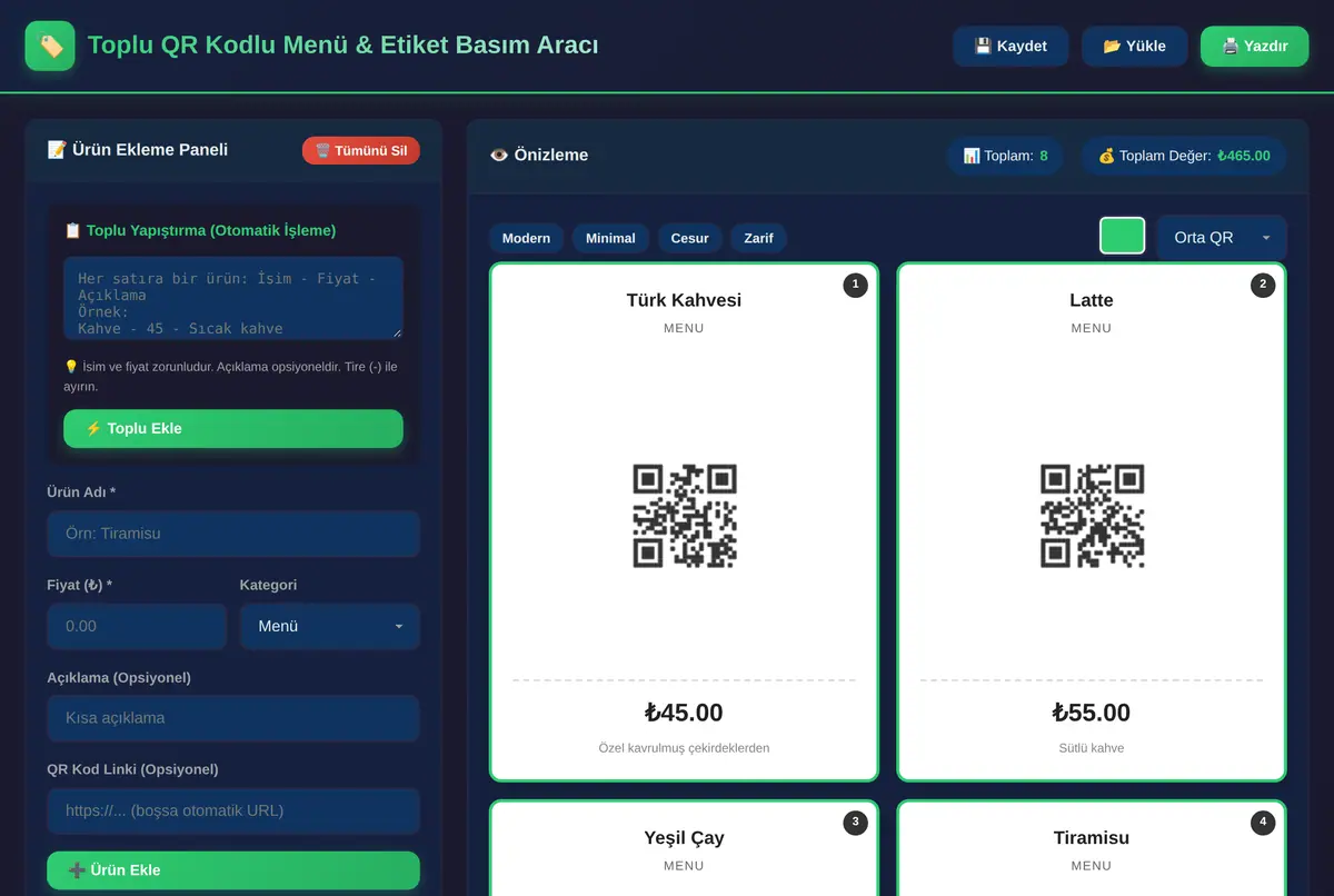 Toplu QR Kodlu Menü & Etiket Basım Aracı ekran görüntüsü 2