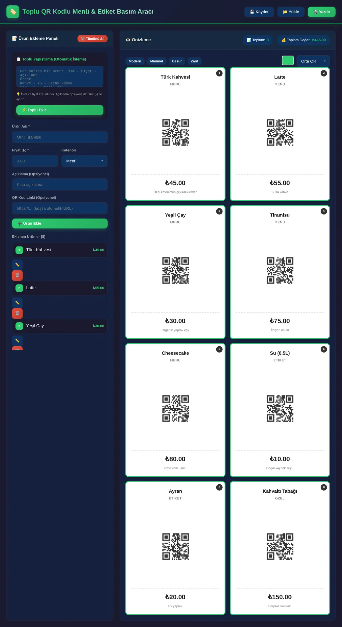 Toplu QR Kodlu Menü & Etiket Basım Aracı ekran görüntüsü 3