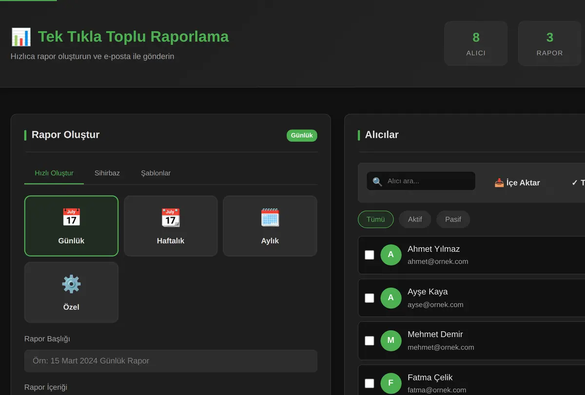 Tek Tıkla Toplu Raporlama ve E-posta Gönderim Sistemi ekran görüntüsü