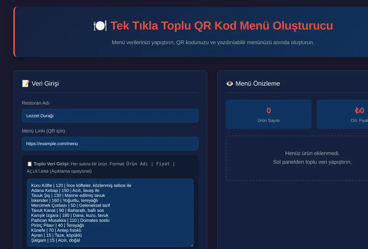 Toplu QR Kod Menü Oluşturucu ekran görüntüsü