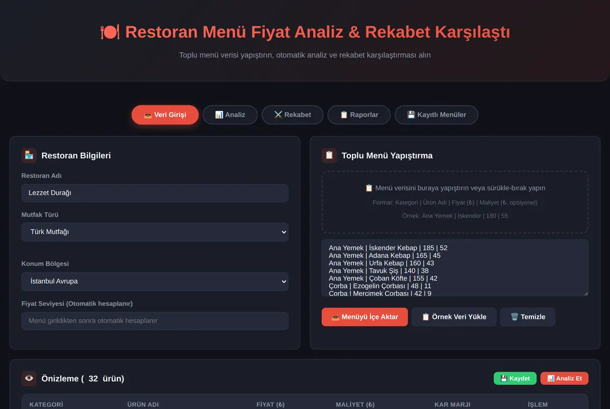 Restoran Menü Fiyat Analiz & Rekabet Karşılaştı ekran görüntüsü 2