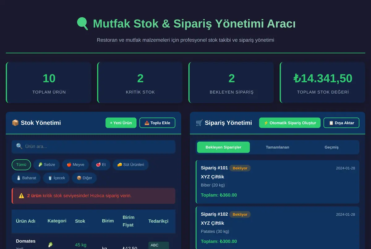 Mutfak Stok & Sipariş Yönetimi Aracı ekran görüntüsü 2