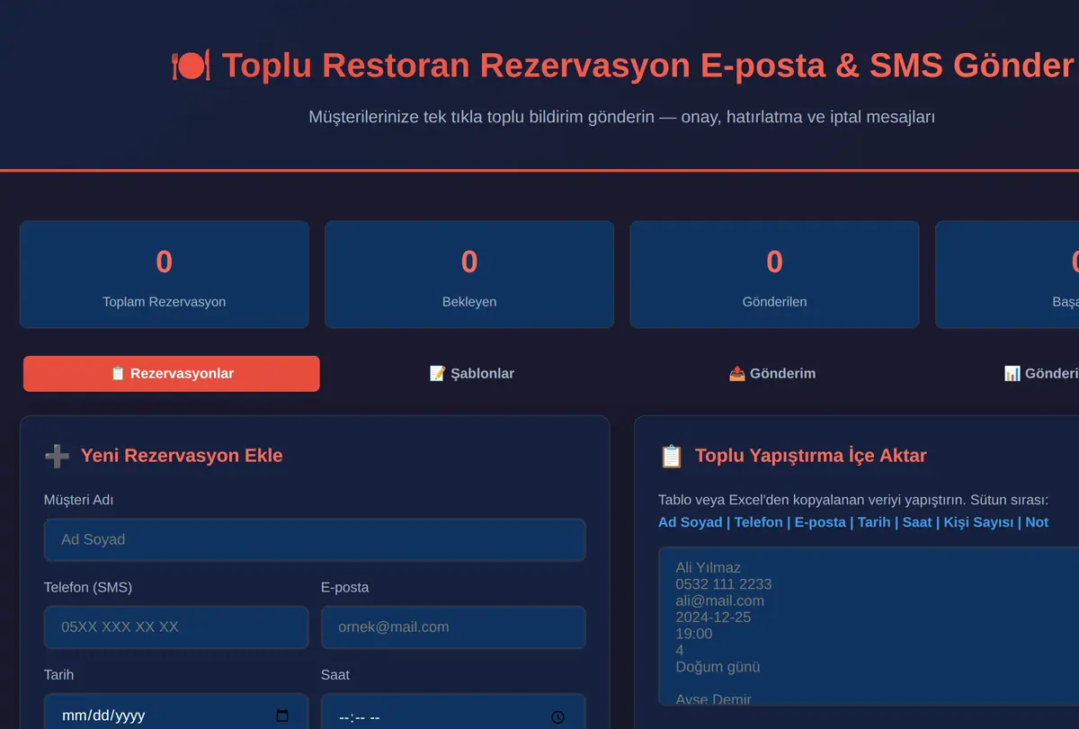 Toplu Restoran Rezervasyon E-posta & SMS Gönder ekran görüntüsü