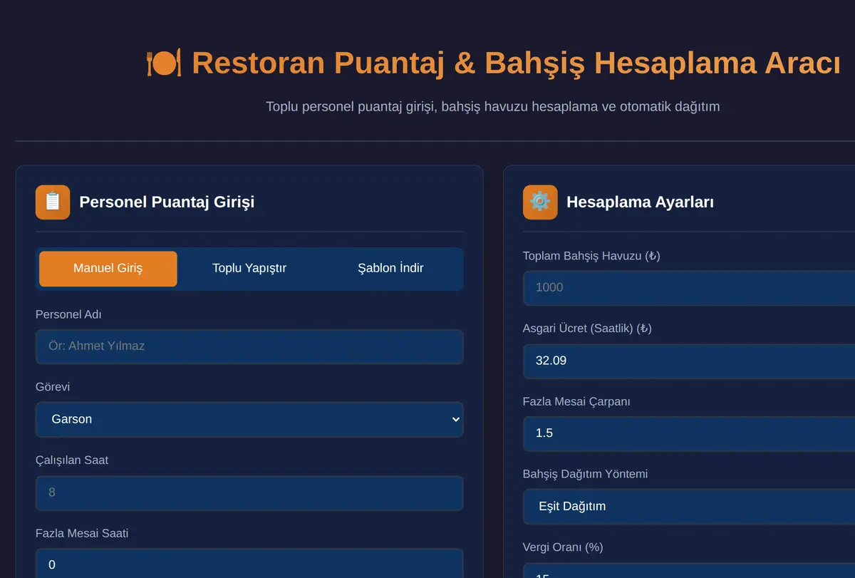 Restoran Puantaj & Bahşiş Hesaplama Aracı ekran görüntüsü