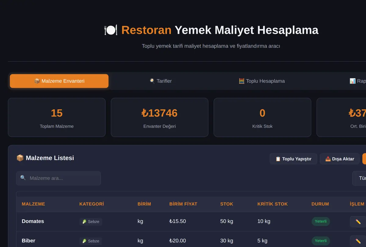 Restoran Yemek Maliyet Hesaplama Aracı ekran görüntüsü