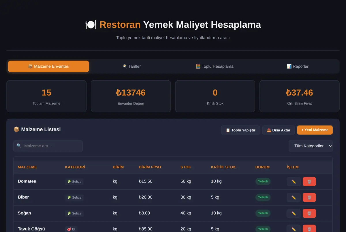 Restoran Yemek Maliyet Hesaplama Aracı ekran görüntüsü 2