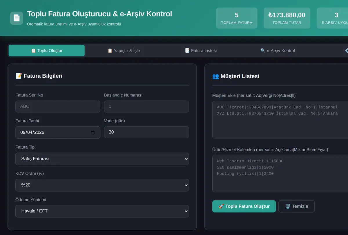 Toplu Fatura Oluşturucu ve e-Arsiv Kontrol ekran görüntüsü
