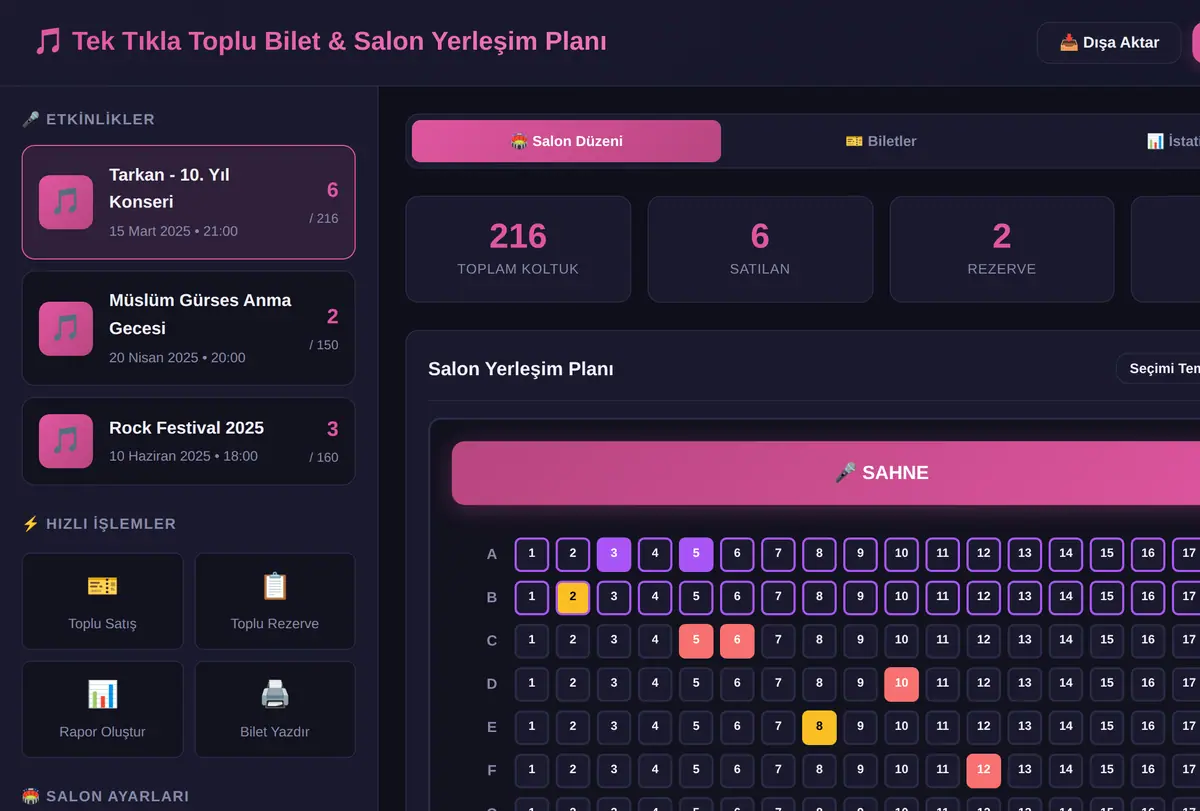 Tek Tıkla Toplu Bilet & Salon Yerleşim Planı ekran görüntüsü