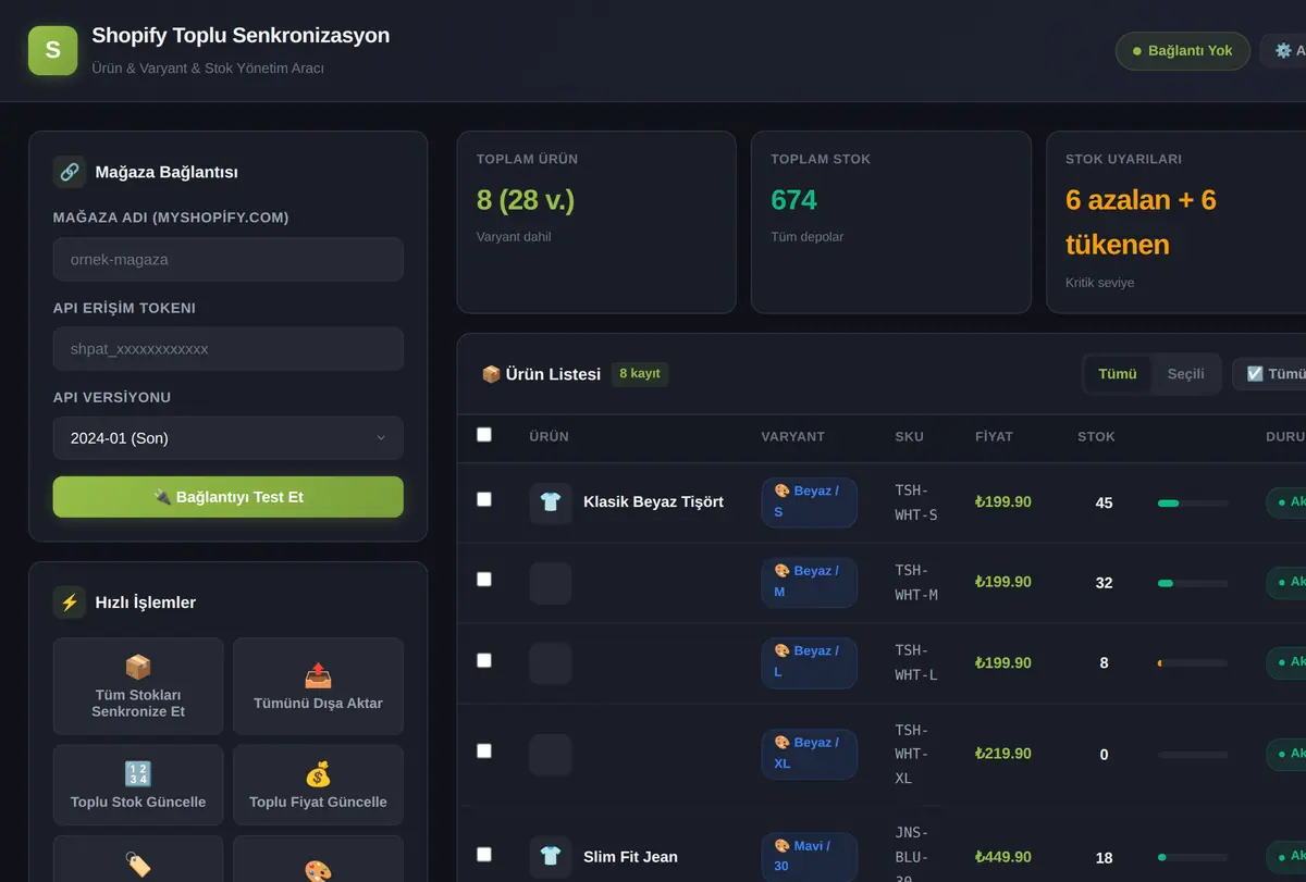 Shopify Toplu Ürün Senkronizasyon Aracı ekran görüntüsü
