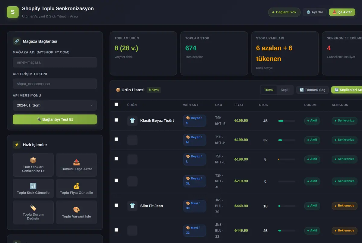 Shopify Toplu Ürün Senkronizasyon Aracı ekran görüntüsü 2