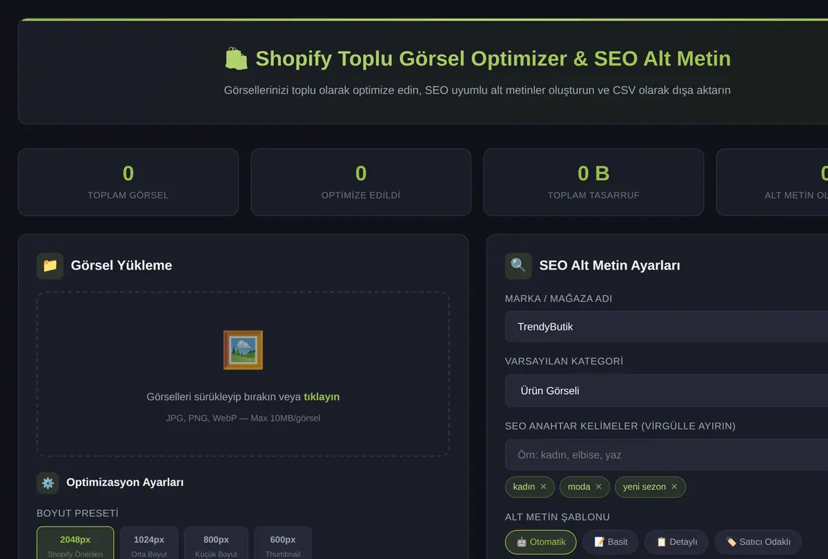 Shopify Toplu Görsel Optimizer & SEO Alt Metin ekran görüntüsü