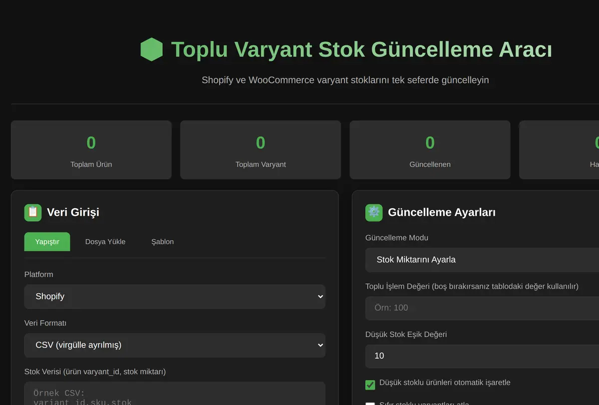 Toplu Varyant Stok Güncelleme Aracı ekran görüntüsü