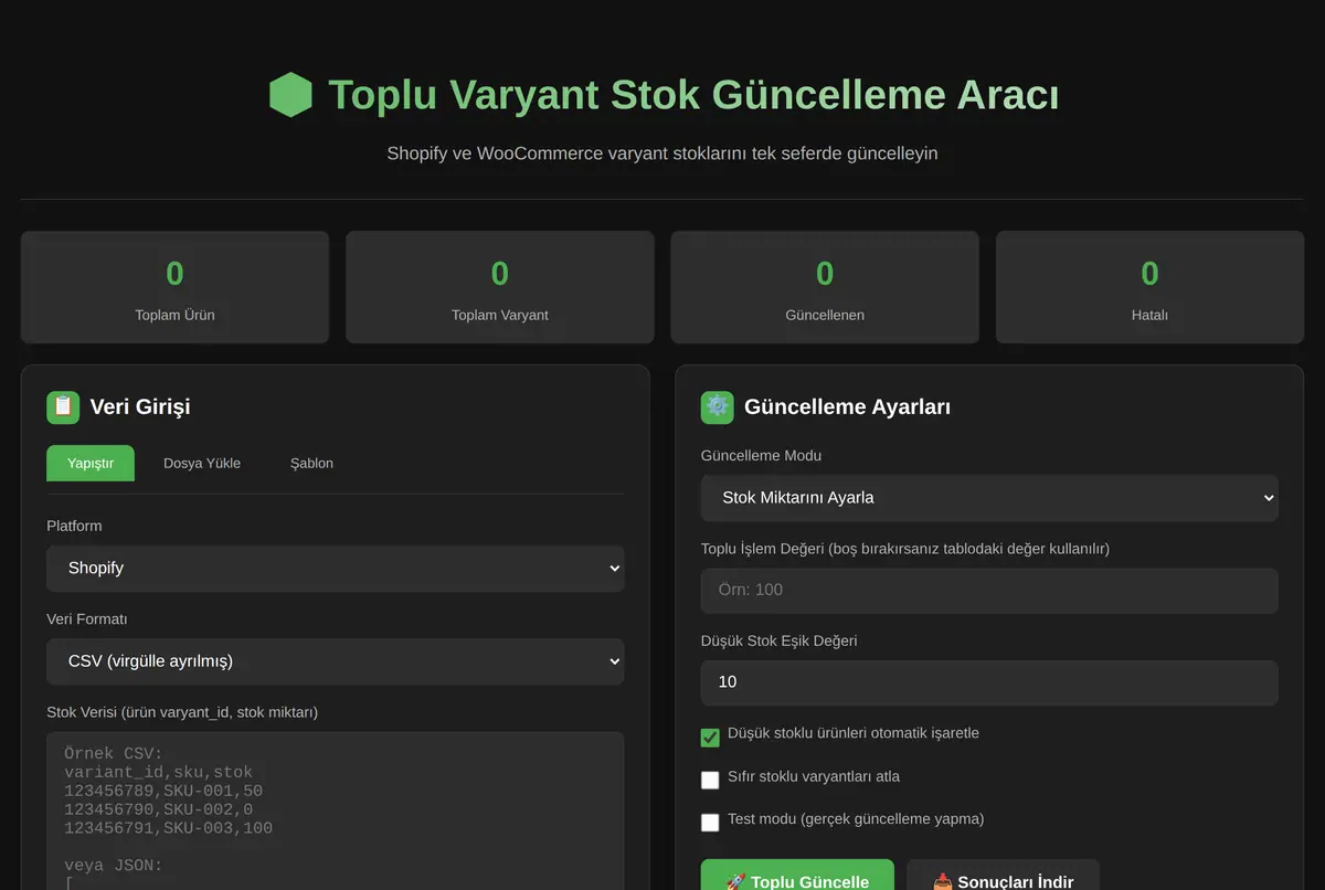 Toplu Varyant Stok Güncelleme Aracı ekran görüntüsü 2