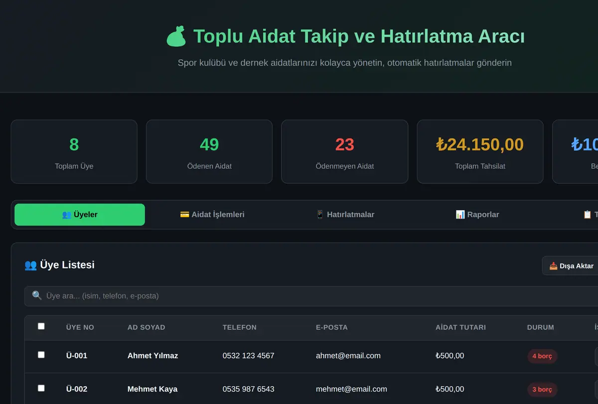 Toplu Aidat Takip ve Hatırlatma Aracı ekran görüntüsü