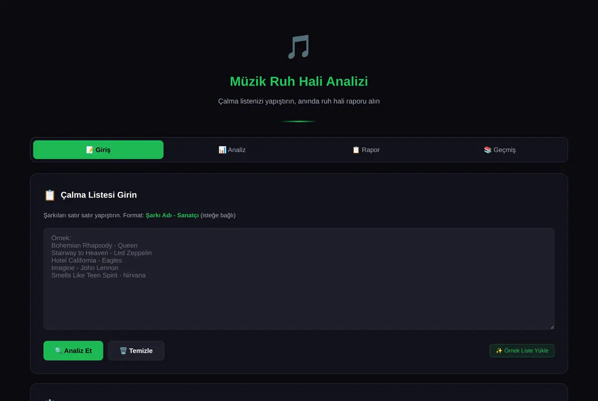 Müzik Ruh Hali Analizi - Çalma Listesi Raporu ekran görüntüsü 2