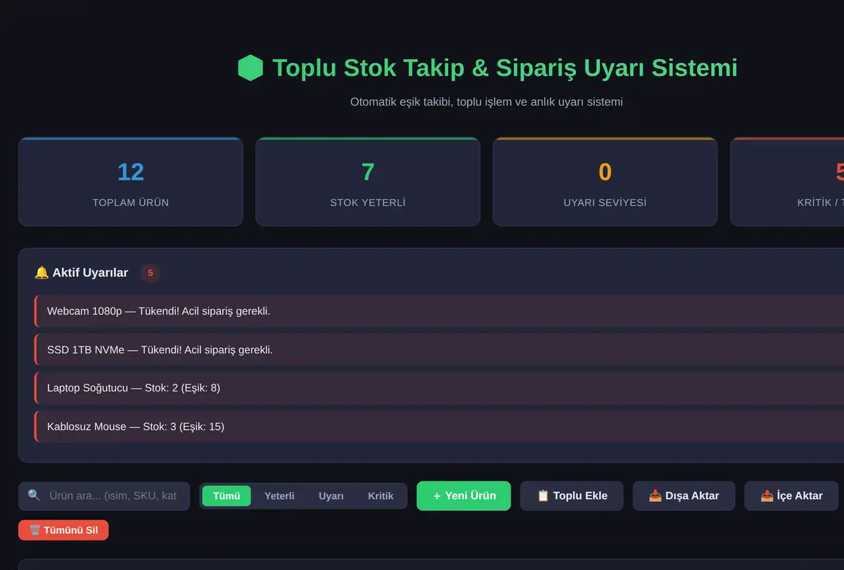 Toplu Stok Takip & Sipariş Uyarı Sistemi ekran görüntüsü