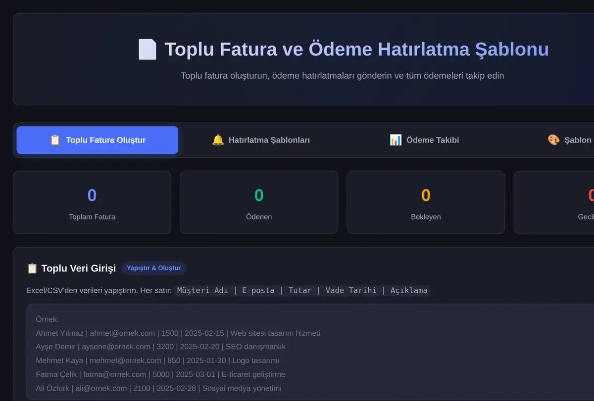 Toplu Fatura ve Ödeme Hatırlatma Şablonu ekran görüntüsü