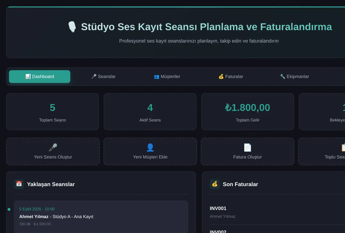 Stüdyo Ses Kayıt Seansı Planlama ve Faturalandırma ekran görüntüsü