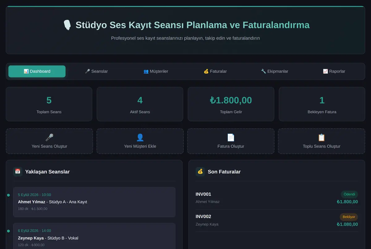 Stüdyo Ses Kayıt Seansı Planlama ve Faturalandırma ekran görüntüsü 2