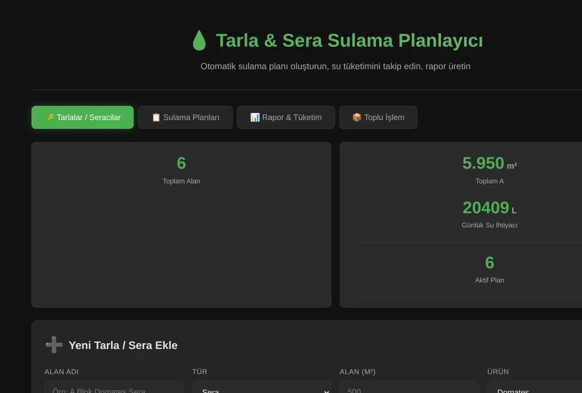 Tarla & Sera Sulama Planlayıcı ekran görüntüsü