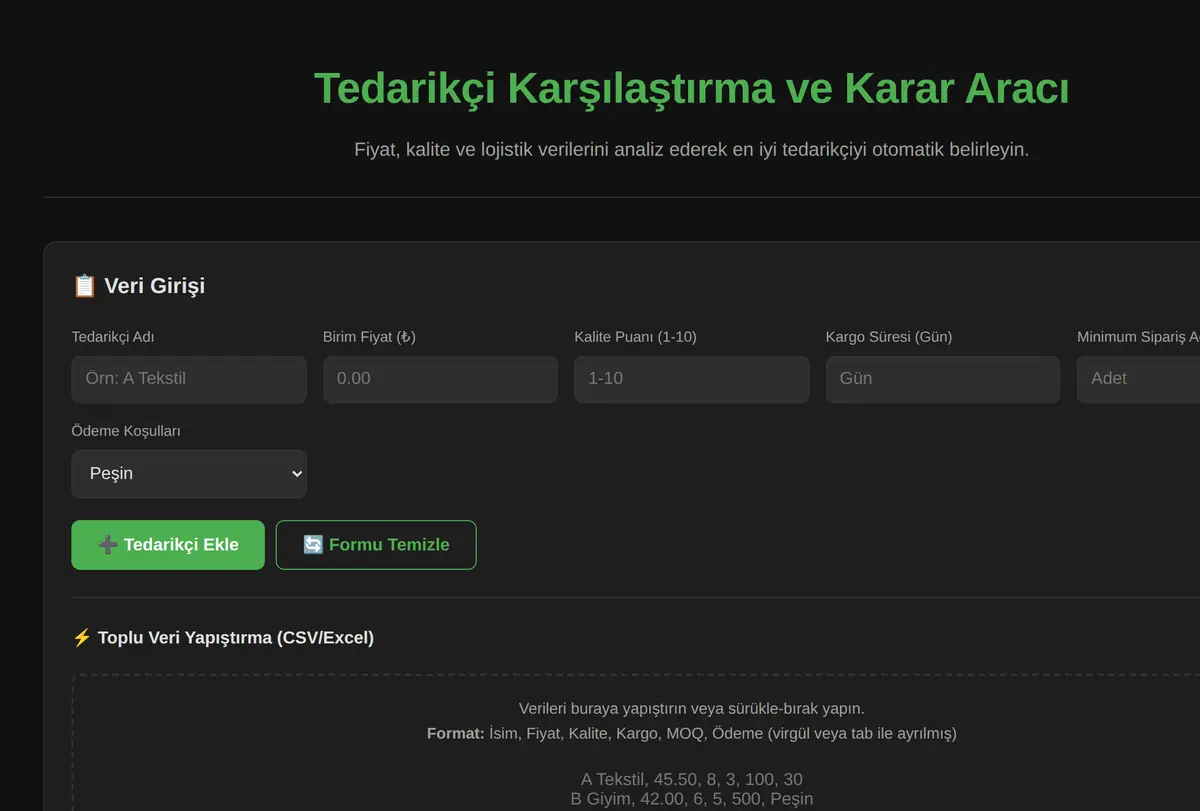 Tedarikçi Karşılaştırma ve Karar Aracı ekran görüntüsü