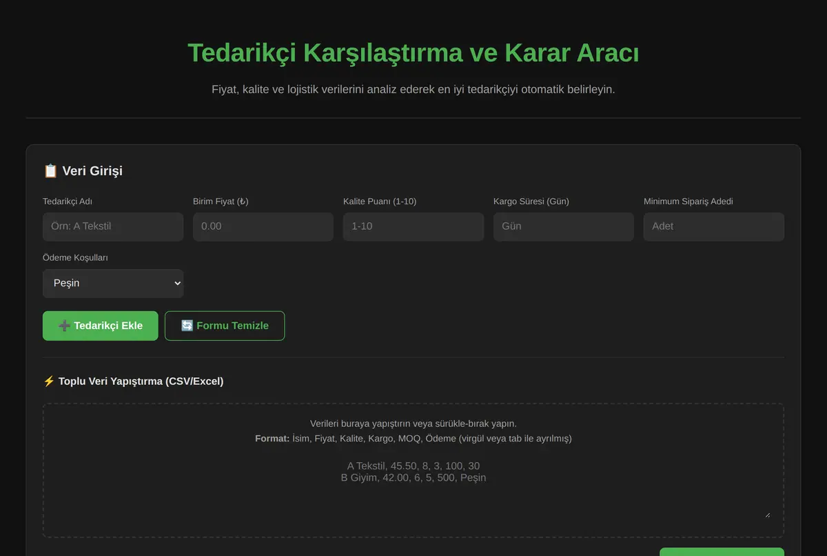 Tedarikçi Karşılaştırma ve Karar Aracı ekran görüntüsü 2