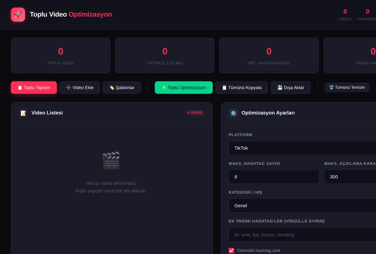 Toplu Video Hashtag & Açıklama Optimizasyonu ekran görüntüsü