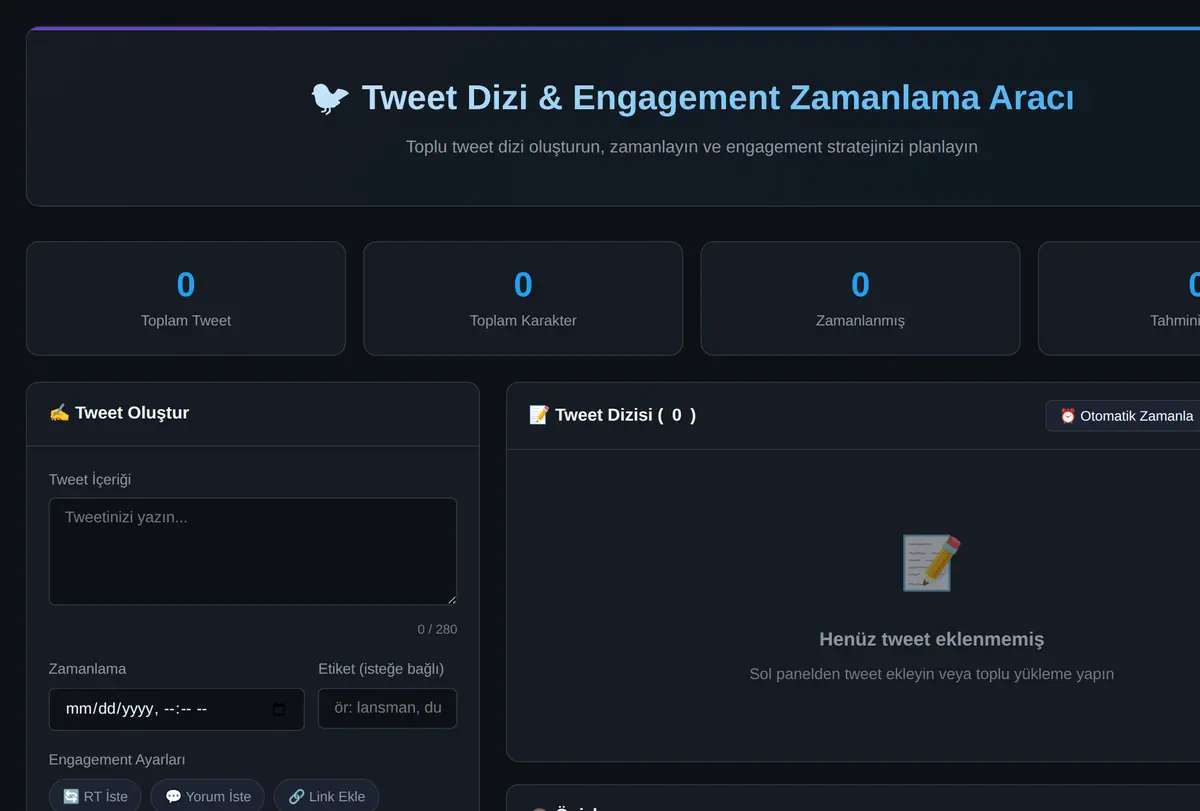 Tweet Dizi & Engagement Zamanlama Aracı ekran görüntüsü