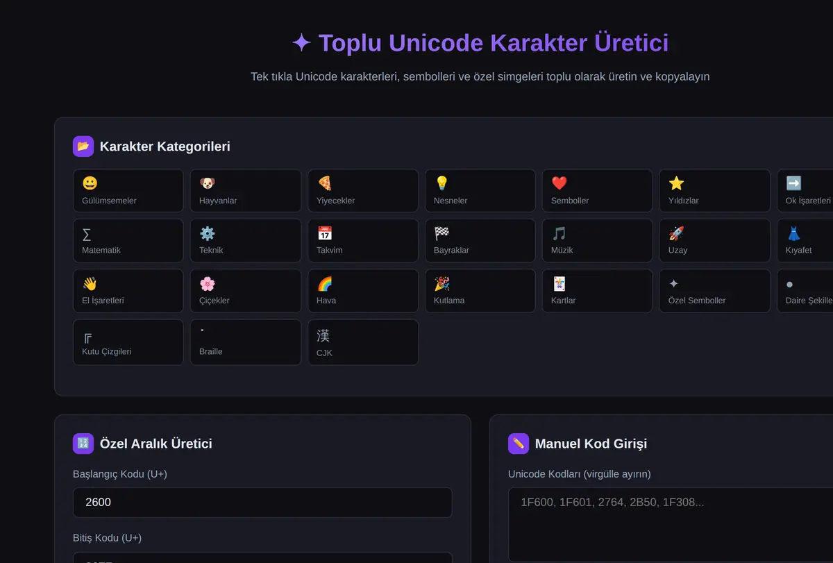 Toplu Unicode Karakter Üretici ekran görüntüsü