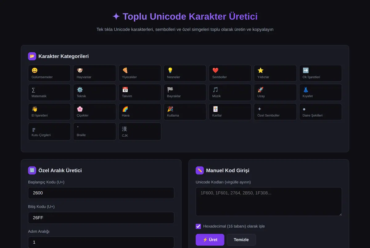 Toplu Unicode Karakter Üretici ekran görüntüsü 2