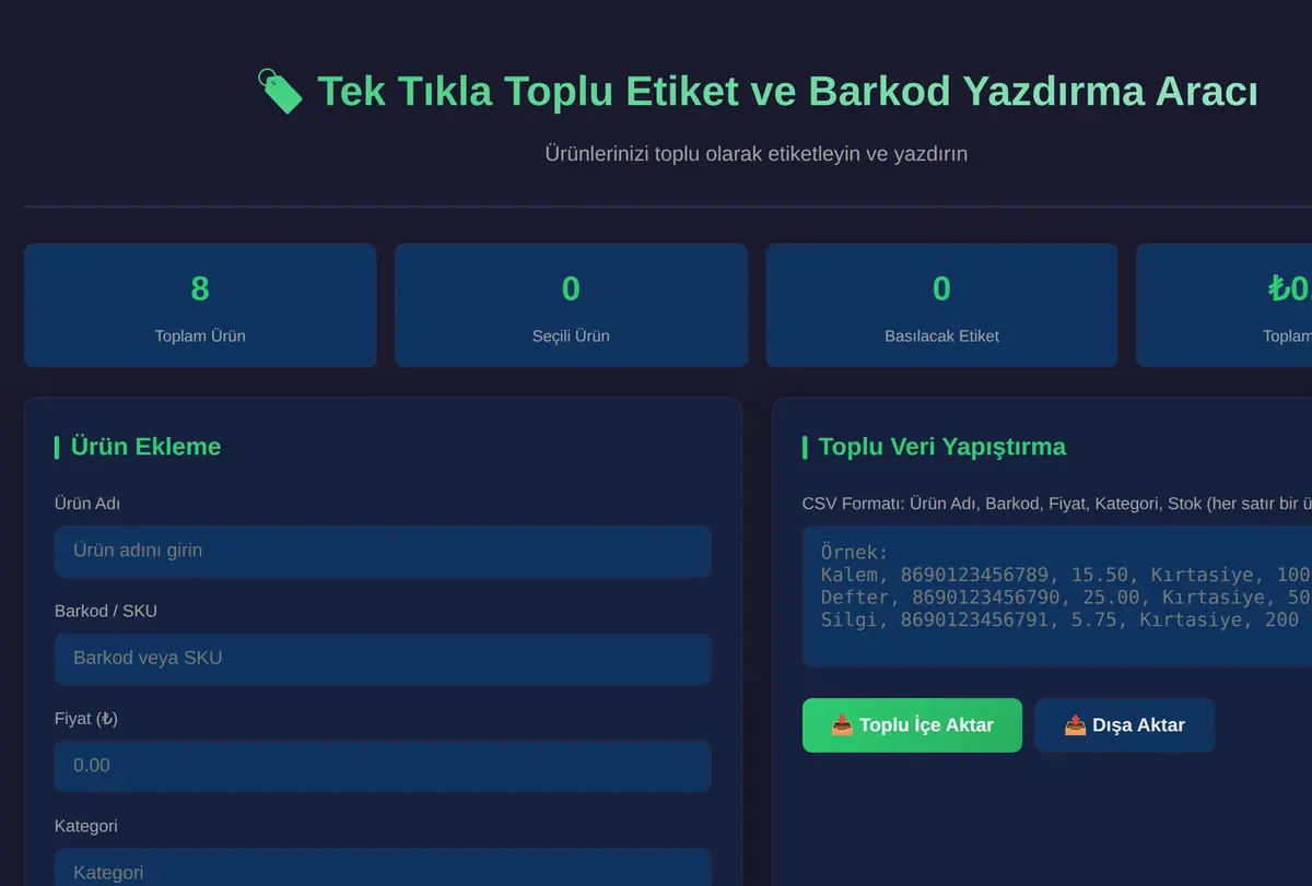 Tek Tıkla Toplu Etiket ve Barkod Yazdırma Aracı ekran görüntüsü