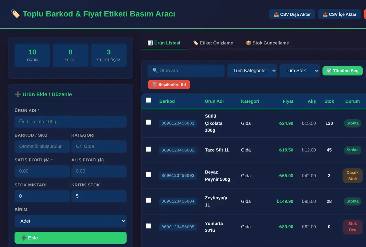 Toplu Barkod & Fiyat Etiketi Basım Aracı ekran görüntüsü