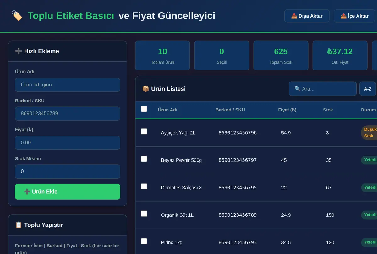 Toplu Etiket Basıcı ve Fiyat Güncelleyici ekran görüntüsü