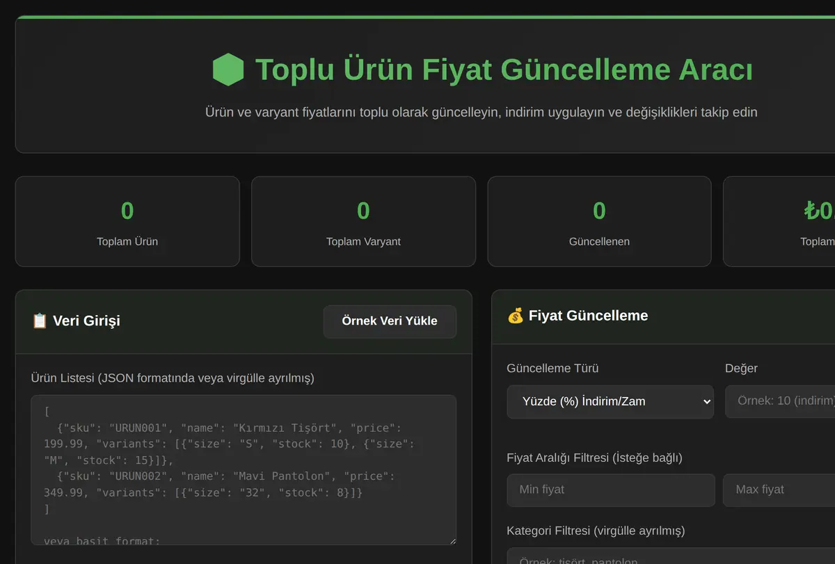 Toplu Ürün Fiyat Güncelleme Aracı ekran görüntüsü