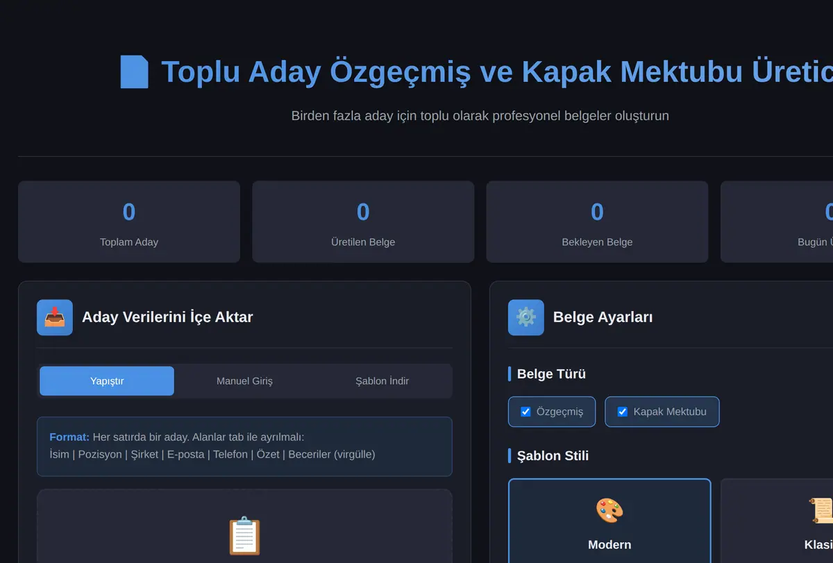 Toplu Aday Özgeçmiş ve Kapak Mektubu Üretici ekran görüntüsü