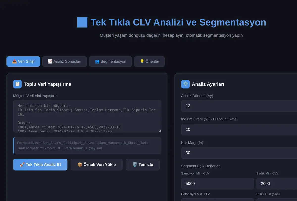 Tek Tıkla CLV Analizi ve Segmentasyon ekran görüntüsü