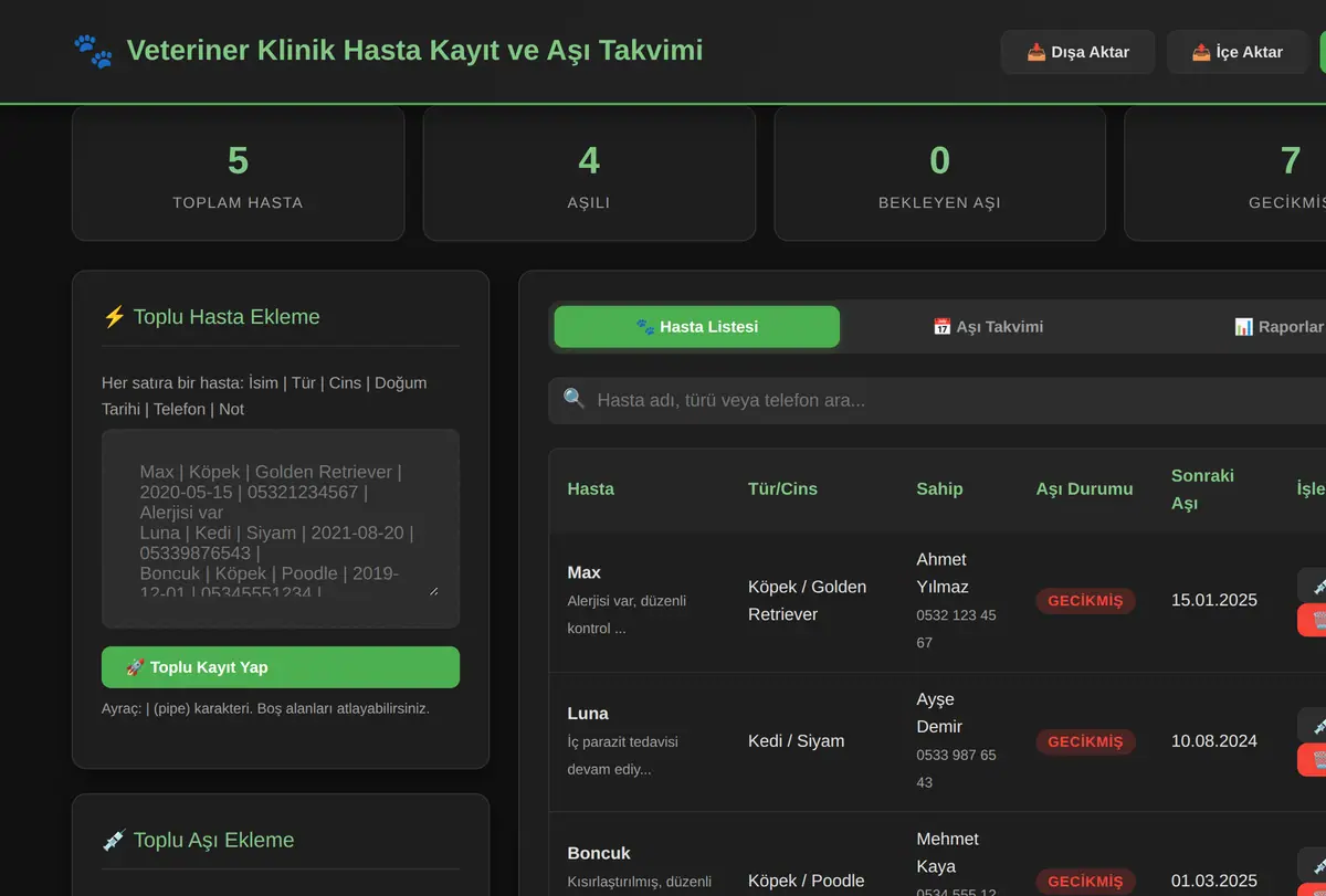 Veteriner Klinik Hasta Kayıt ve Aşı Takvimi ekran görüntüsü